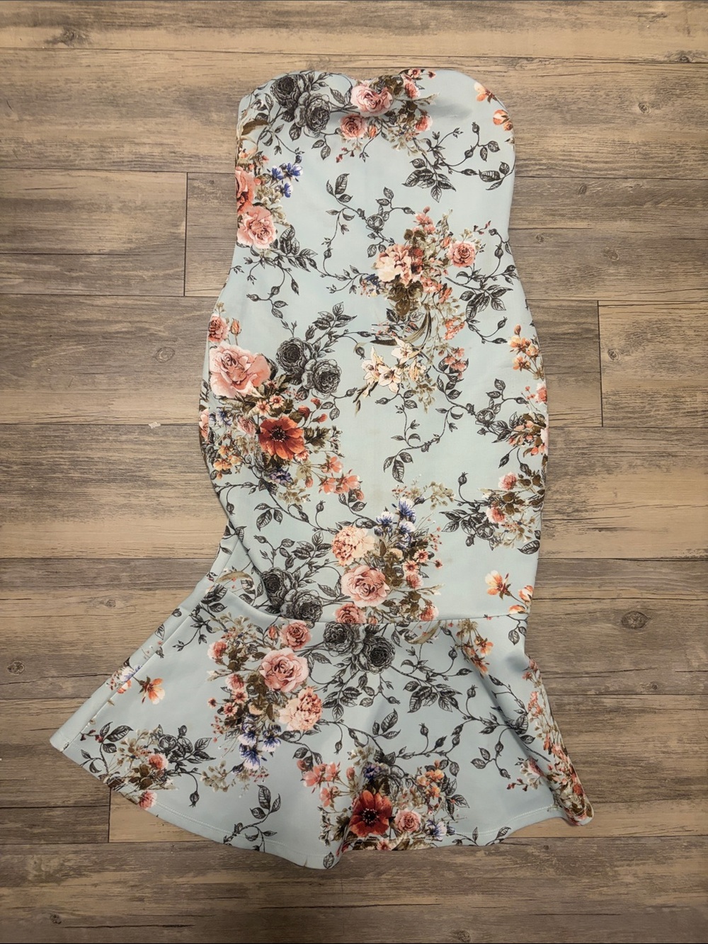 Strapless Floral Midi Dress in Light Blue